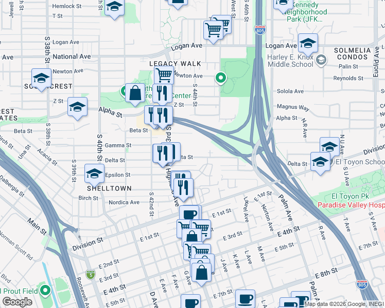 map of restaurants, bars, coffee shops, grocery stores, and more near 4390 Delta Street in San Diego