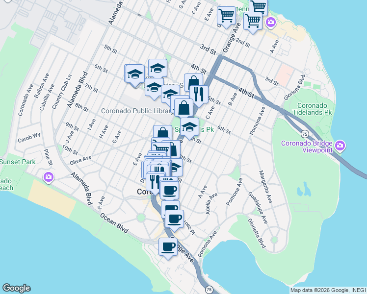 map of restaurants, bars, coffee shops, grocery stores, and more near 707 Orange Avenue in Coronado