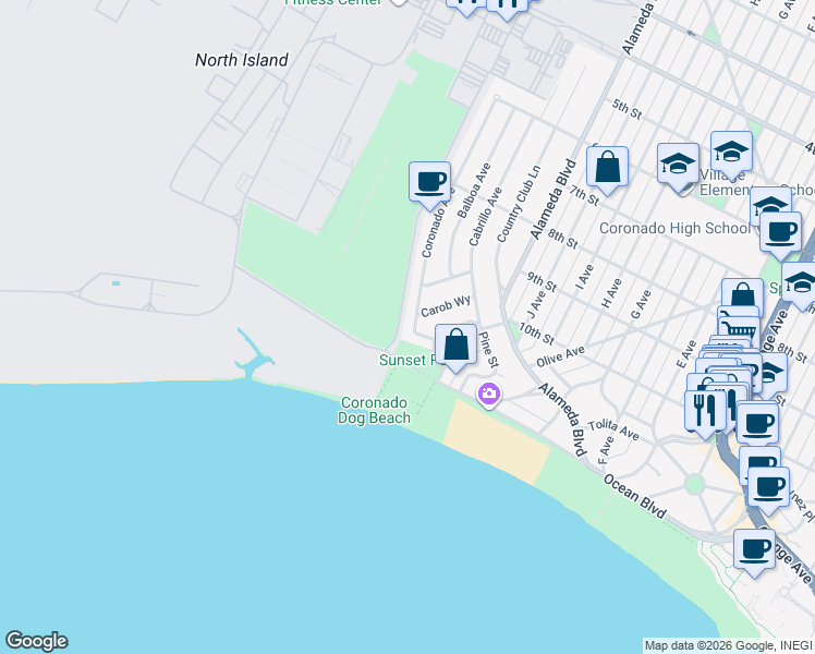 map of restaurants, bars, coffee shops, grocery stores, and more near 1031 Coronado Avenue in Coronado