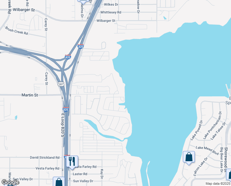 map of restaurants, bars, coffee shops, grocery stores, and more near 5711 Shoreline Circle North in Fort Worth