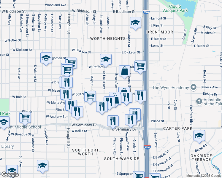 map of restaurants, bars, coffee shops, grocery stores, and more near 113 East Mason Street in Fort Worth