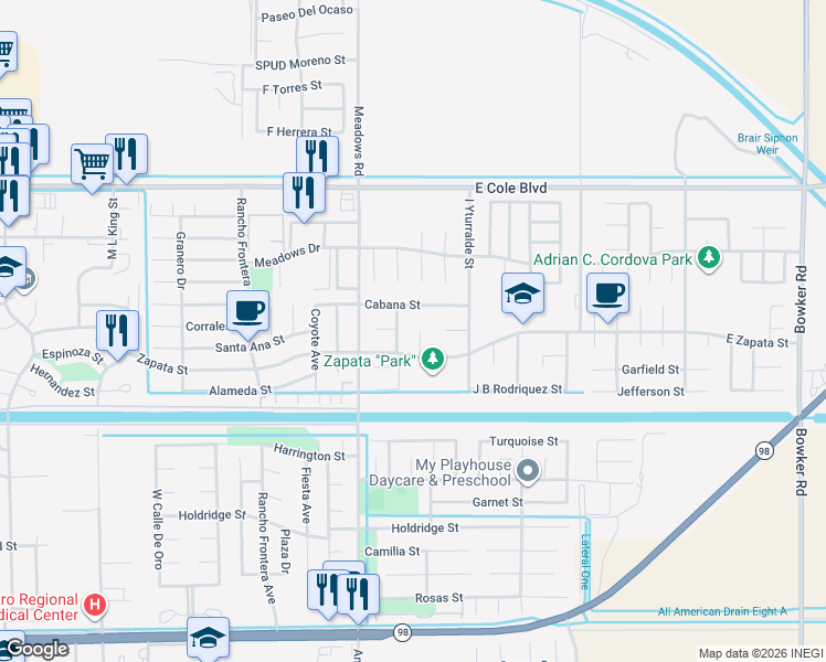 map of restaurants, bars, coffee shops, grocery stores, and more near 2125 East Bielma Court in Calexico