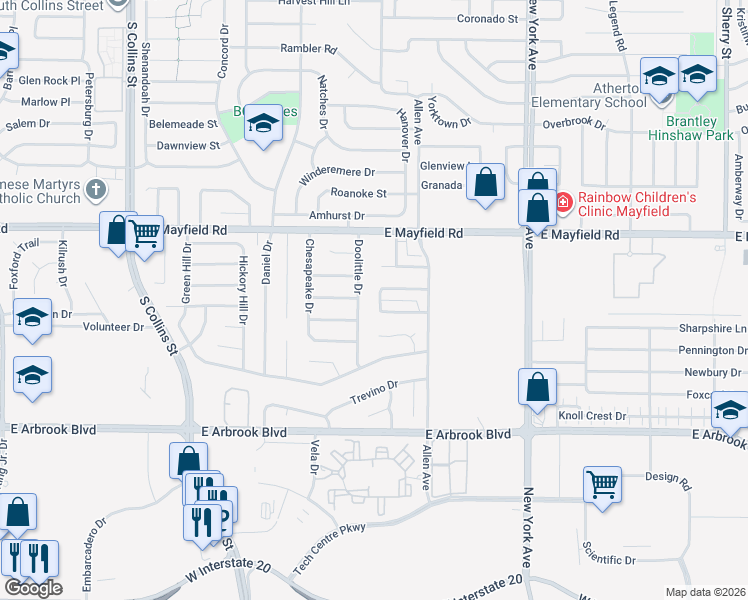map of restaurants, bars, coffee shops, grocery stores, and more near 3427 Doolittle Drive in Arlington