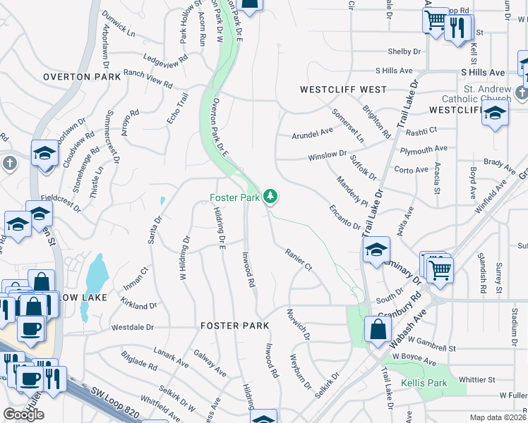map of restaurants, bars, coffee shops, grocery stores, and more near 3932 Overton Park Drive West in Fort Worth