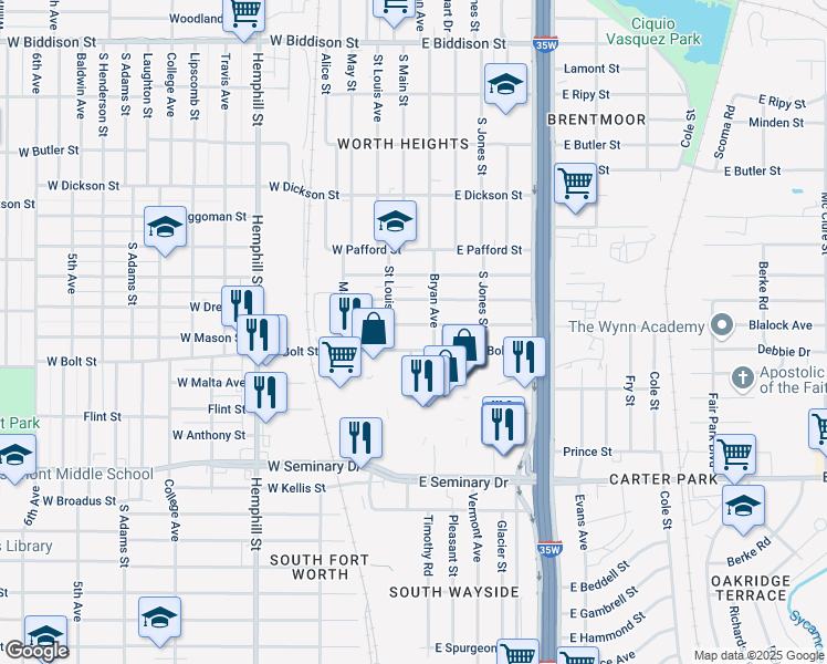map of restaurants, bars, coffee shops, grocery stores, and more near 113 East Mason Street in Fort Worth