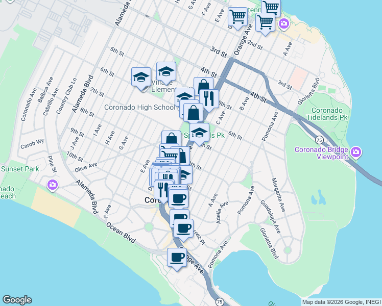 map of restaurants, bars, coffee shops, grocery stores, and more near 747 Orange Avenue in Coronado