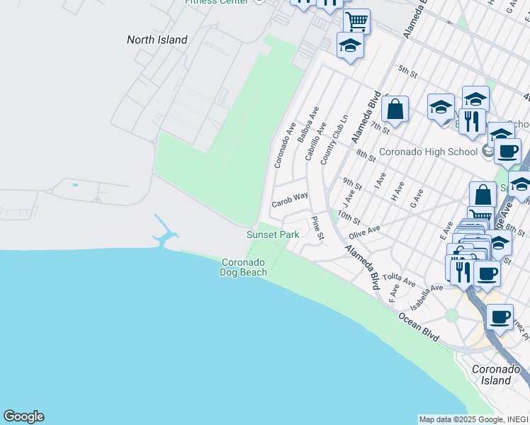 map of restaurants, bars, coffee shops, grocery stores, and more near 1070 Coronado Avenue in Coronado