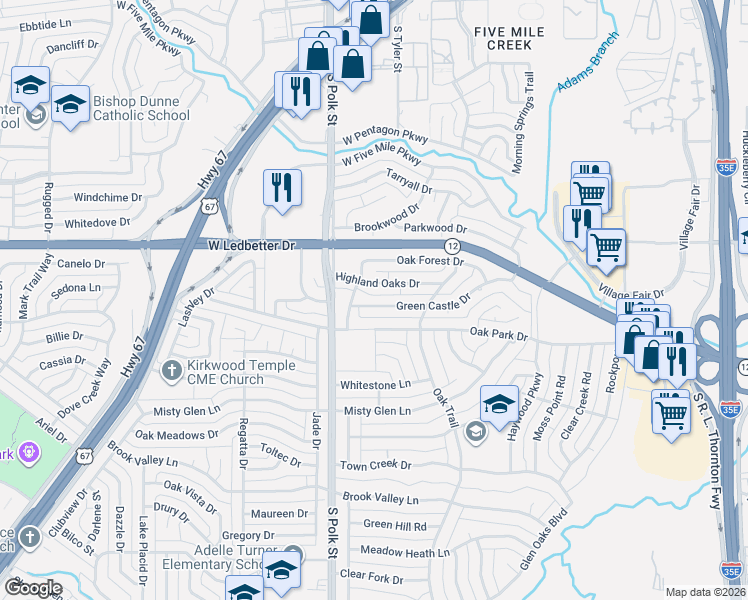 map of restaurants, bars, coffee shops, grocery stores, and more near 952 Highland Oaks Drive in Dallas
