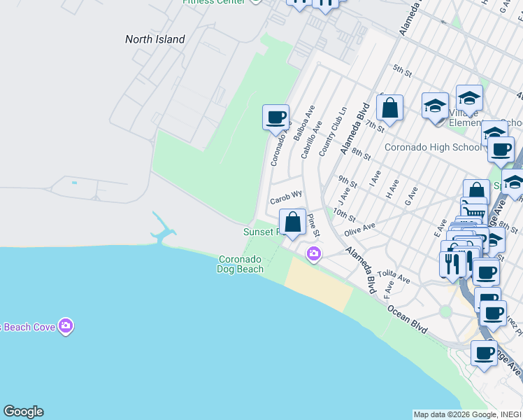 map of restaurants, bars, coffee shops, grocery stores, and more near 1031 Coronado Avenue in Coronado