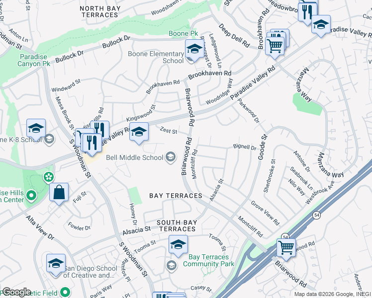 map of restaurants, bars, coffee shops, grocery stores, and more near 604 Briarwood Road in San Diego