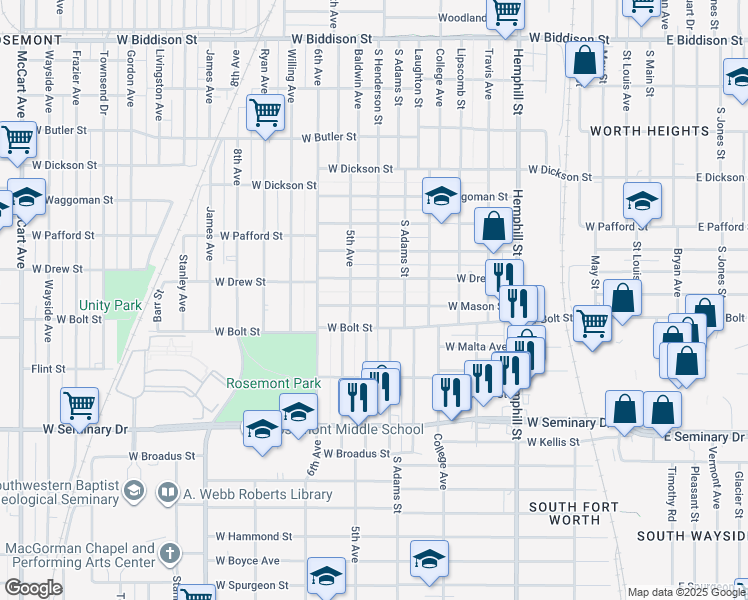 map of restaurants, bars, coffee shops, grocery stores, and more near 1200 West Mason Street in Fort Worth