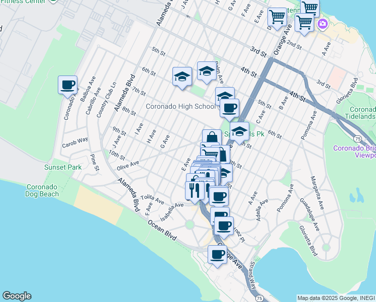 map of restaurants, bars, coffee shops, grocery stores, and more near 830 E Avenue in Coronado