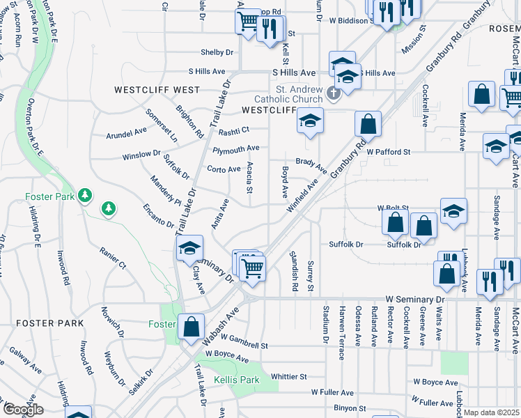 map of restaurants, bars, coffee shops, grocery stores, and more near 3505 Suffolk Drive in Fort Worth