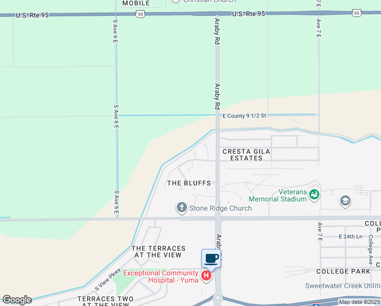 map of restaurants, bars, coffee shops, grocery stores, and more near 2122 South Copper View Way in Yuma