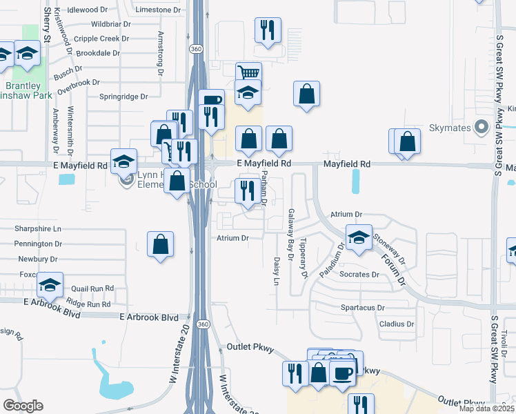 map of restaurants, bars, coffee shops, grocery stores, and more near 3014 Harrell Drive in Grand Prairie