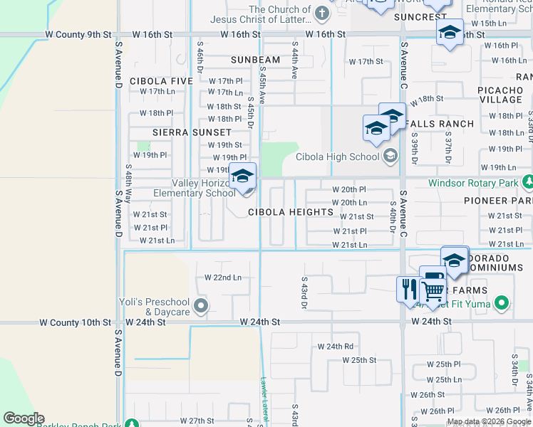 map of restaurants, bars, coffee shops, grocery stores, and more near 2086 South 44th Avenue in Yuma