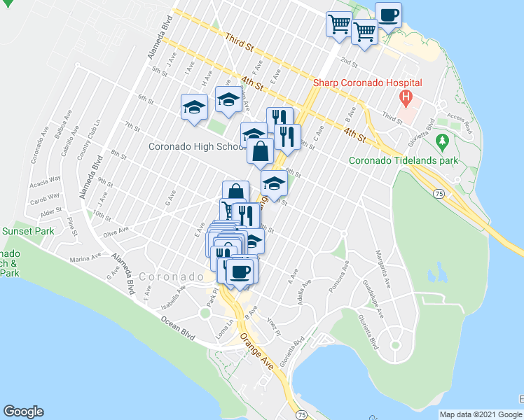 map of restaurants, bars, coffee shops, grocery stores, and more near 707 Orange Avenue in Coronado