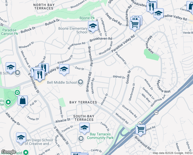 map of restaurants, bars, coffee shops, grocery stores, and more near 7313 Bignell Drive in San Diego