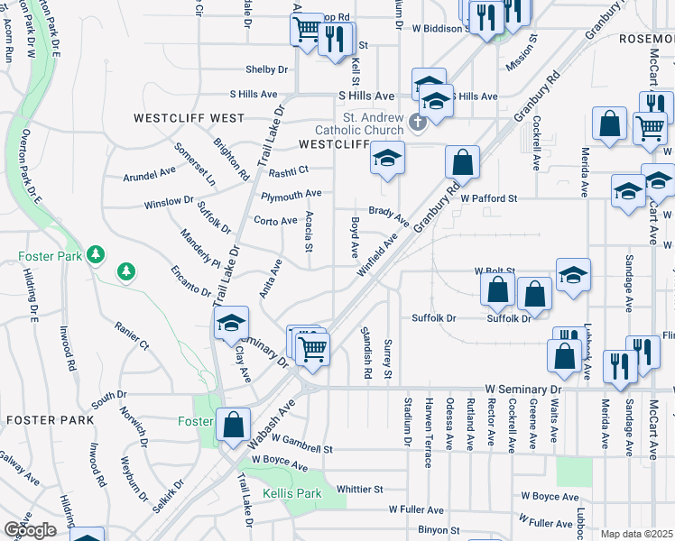 map of restaurants, bars, coffee shops, grocery stores, and more near 3467 Suffolk Drive in Fort Worth