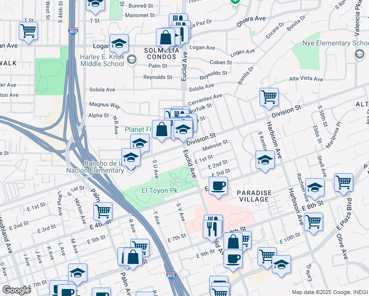 map of restaurants, bars, coffee shops, grocery stores, and more near 1722 Euclid Avenue in National City