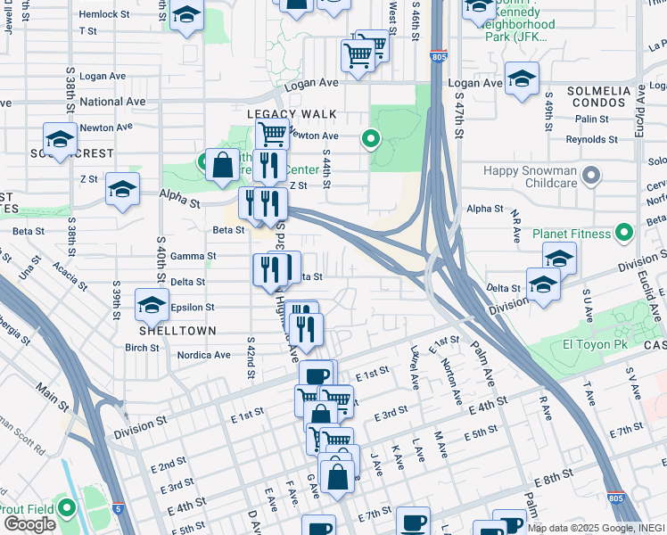 map of restaurants, bars, coffee shops, grocery stores, and more near 4402 Delta Street in San Diego