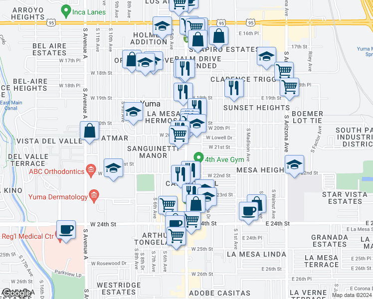 map of restaurants, bars, coffee shops, grocery stores, and more near 2121 South 4th Avenue in Yuma