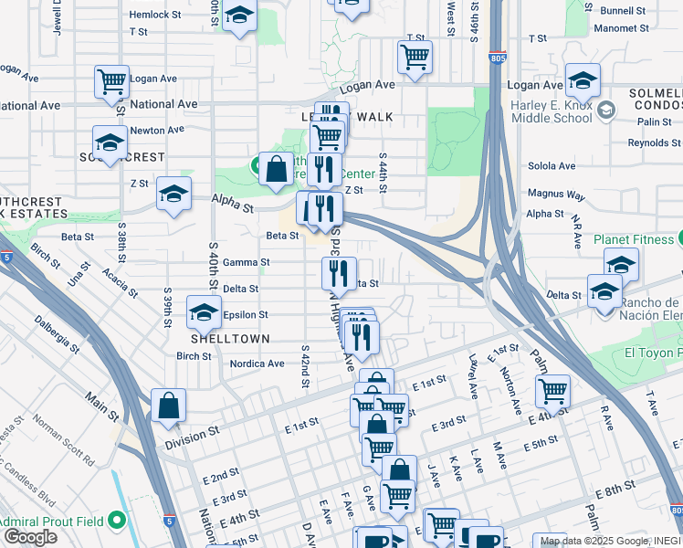 map of restaurants, bars, coffee shops, grocery stores, and more near in San Diego