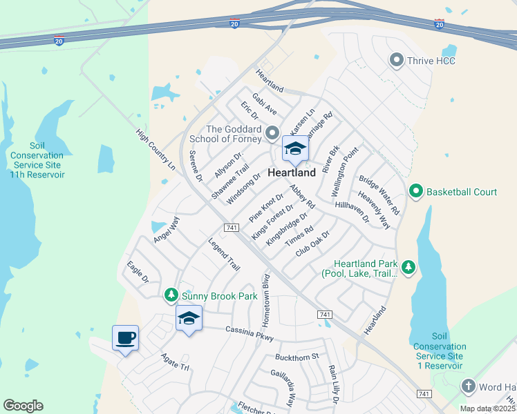 map of restaurants, bars, coffee shops, grocery stores, and more near 2027 Pine Knot Drive in Forney