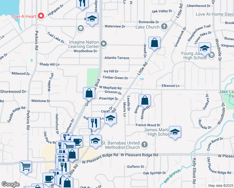 map of restaurants, bars, coffee shops, grocery stores, and more near 5400 Grissom Drive in Arlington