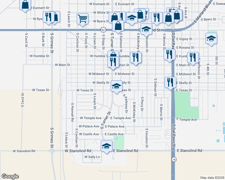 map of restaurants, bars, coffee shops, grocery stores, and more near 118 East Texas Street in Hobbs
