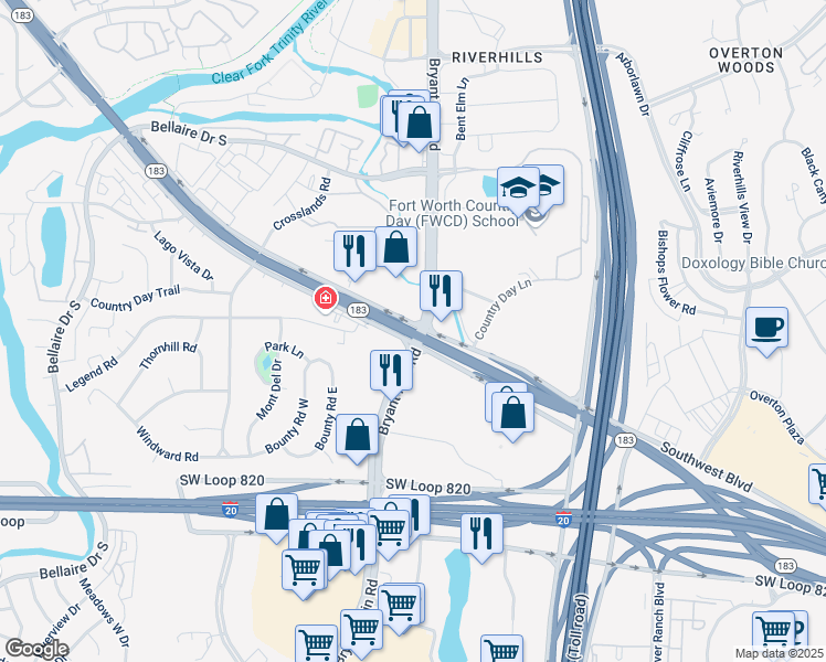 map of restaurants, bars, coffee shops, grocery stores, and more near 6168 Texas 183 in Benbrook