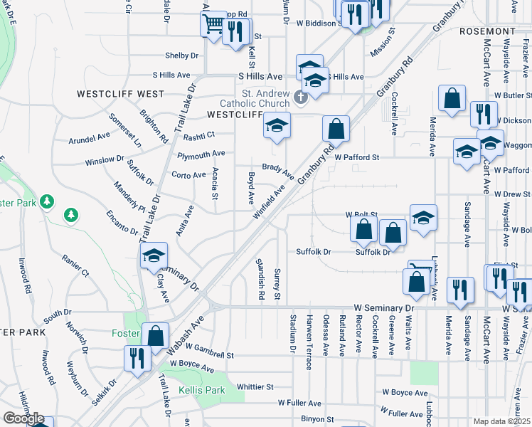 map of restaurants, bars, coffee shops, grocery stores, and more near 4053 Winfield Avenue in Fort Worth