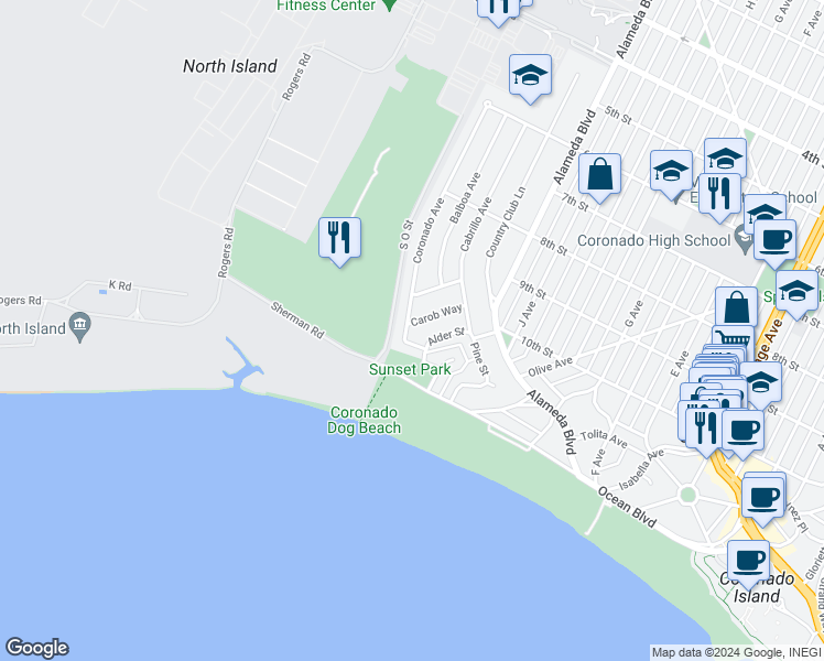 map of restaurants, bars, coffee shops, grocery stores, and more near 1031 Coronado Avenue in Coronado