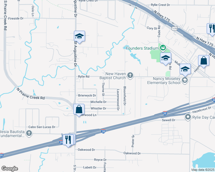 map of restaurants, bars, coffee shops, grocery stores, and more near 1323 Ryliewood Drive in Dallas