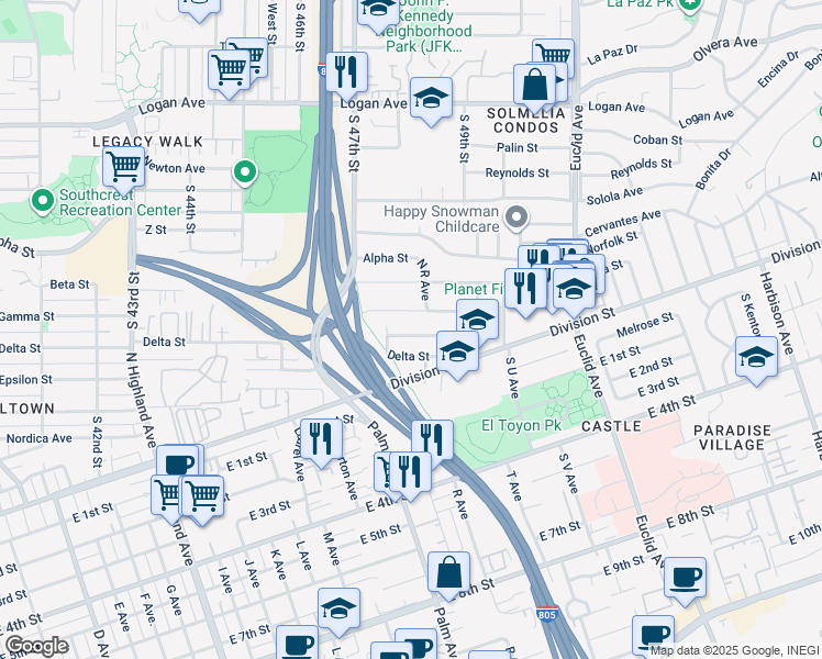 map of restaurants, bars, coffee shops, grocery stores, and more near 1725 La Posada Street in National City