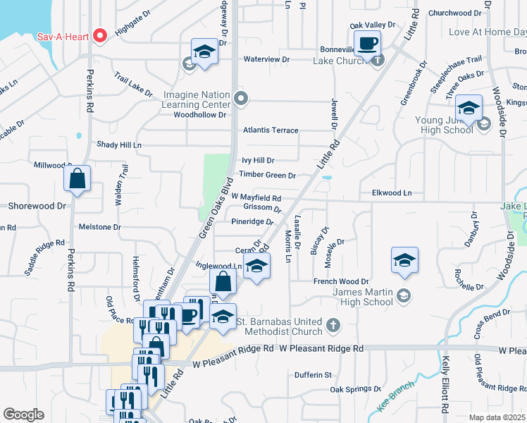 map of restaurants, bars, coffee shops, grocery stores, and more near 5400 Grissom Drive in Arlington