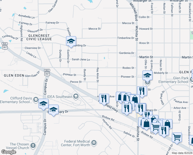 map of restaurants, bars, coffee shops, grocery stores, and more near 2924 Pioneer Street in Fort Worth