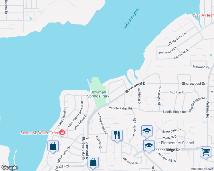 map of restaurants, bars, coffee shops, grocery stores, and more near 6621 Townlake Circle in Arlington