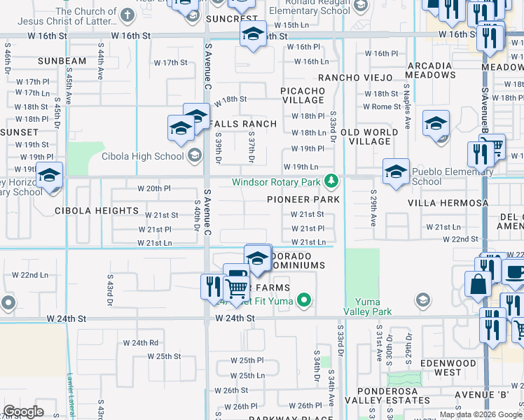 map of restaurants, bars, coffee shops, grocery stores, and more near 3762 West 21st Street in Yuma