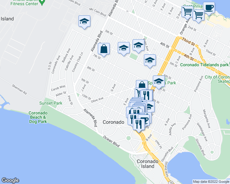 map of restaurants, bars, coffee shops, grocery stores, and more near 861 G Avenue in Coronado