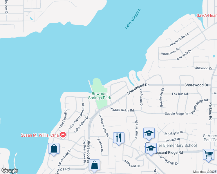 map of restaurants, bars, coffee shops, grocery stores, and more near 6621 Townlake Circle in Arlington