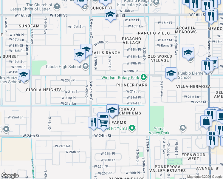 map of restaurants, bars, coffee shops, grocery stores, and more near 3762 West 21st Street in Yuma