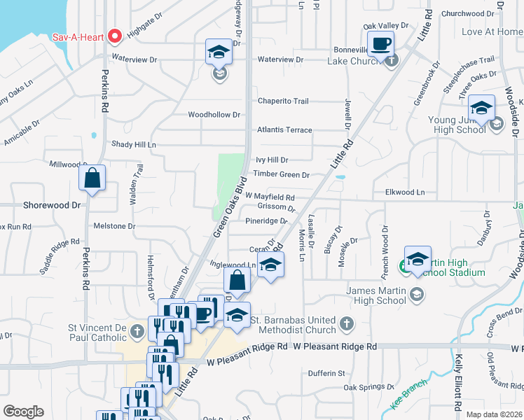 map of restaurants, bars, coffee shops, grocery stores, and more near 5416 Grissom Drive in Arlington