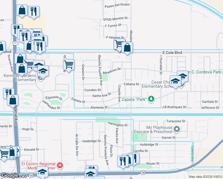 map of restaurants, bars, coffee shops, grocery stores, and more near 2117 Descanso Drive in Calexico