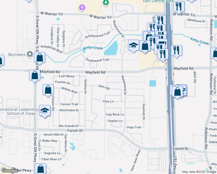map of restaurants, bars, coffee shops, grocery stores, and more near 2152 Zion Hill in Grand Prairie