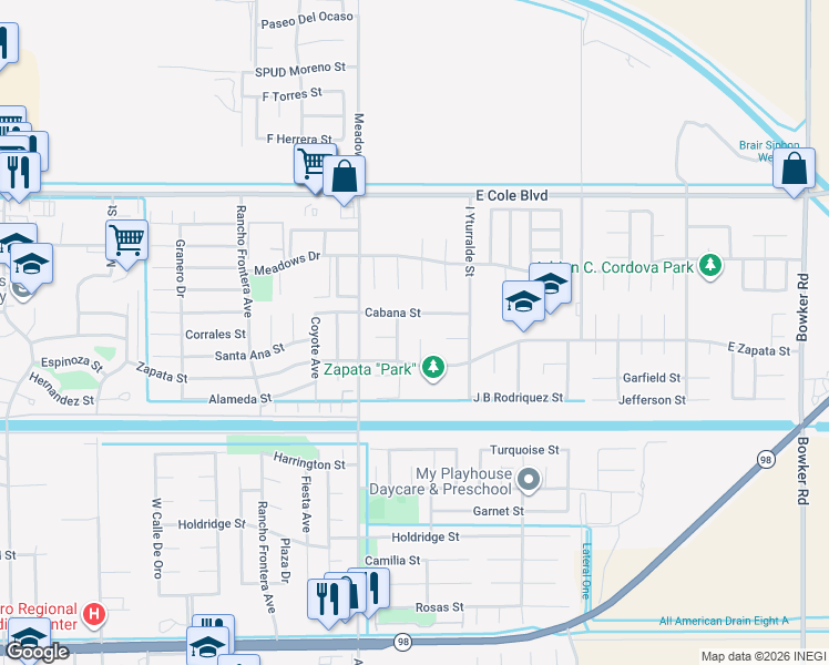 map of restaurants, bars, coffee shops, grocery stores, and more near 2125 East Bielma Court in Calexico