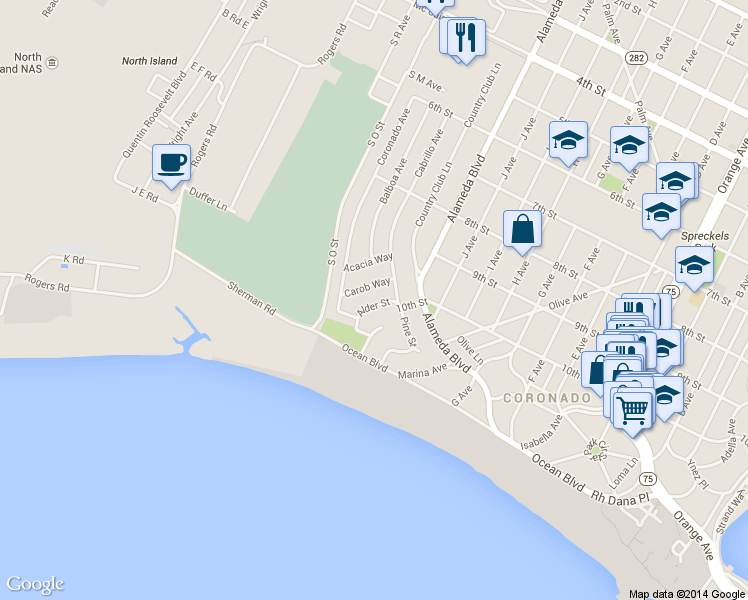 map of restaurants, bars, coffee shops, grocery stores, and more near 151 Alder Street in Coronado