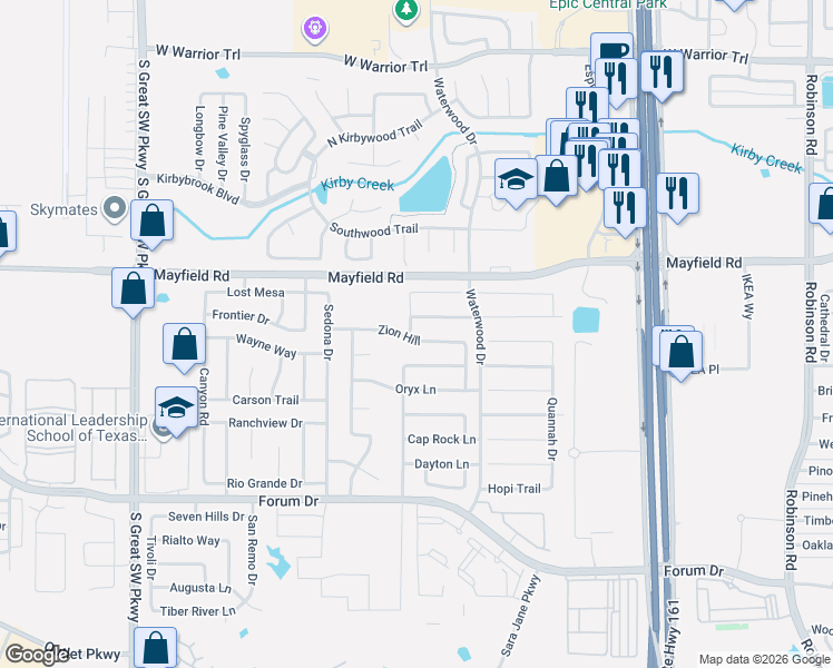 map of restaurants, bars, coffee shops, grocery stores, and more near 2152 Zion Hill in Grand Prairie