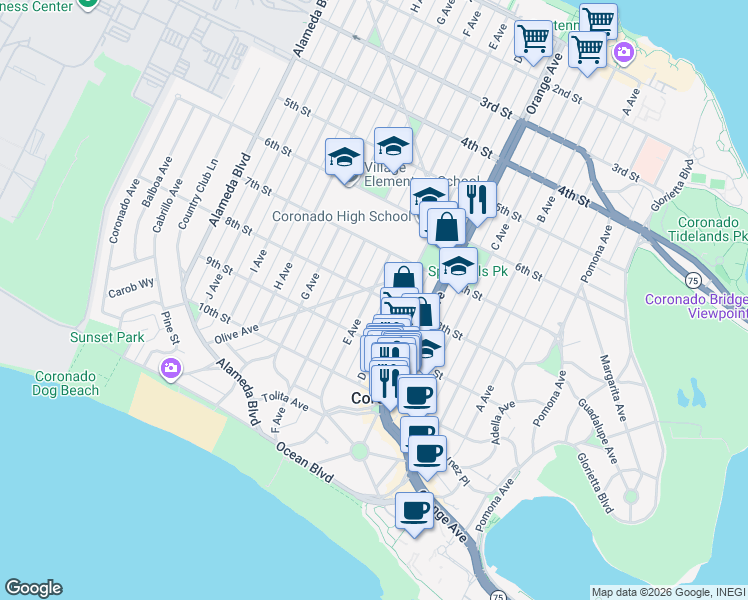 map of restaurants, bars, coffee shops, grocery stores, and more near 805 E Avenue in Coronado