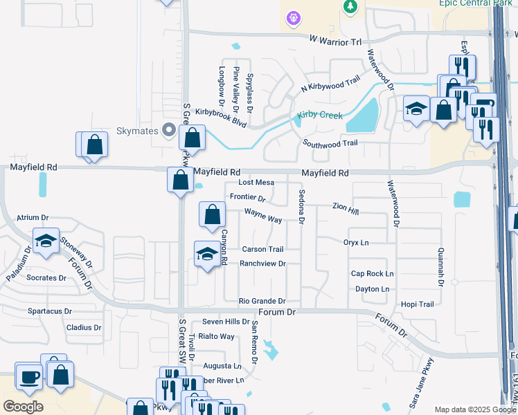 map of restaurants, bars, coffee shops, grocery stores, and more near 2454 Wayne Way in Grand Prairie